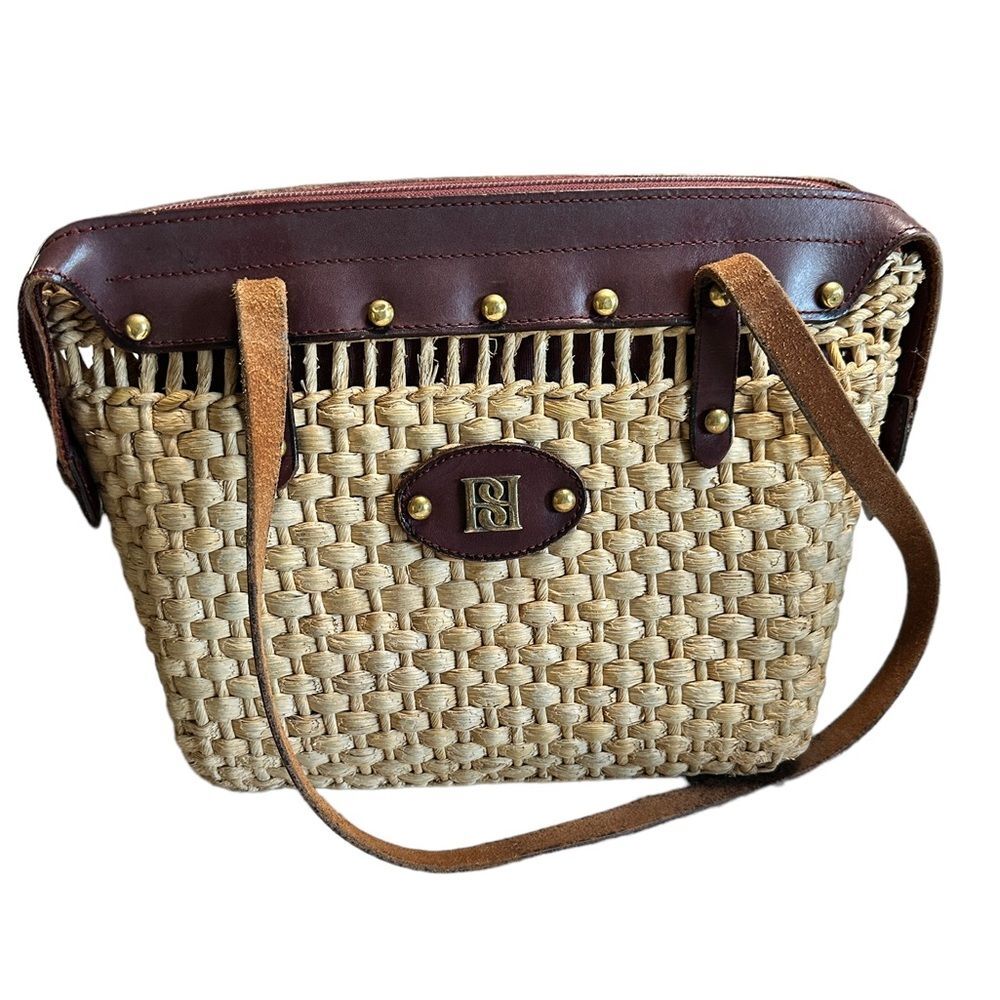 Vintage Borelli Straw Woven Leather Handbag Tote Bag Zipper Pocket Lines